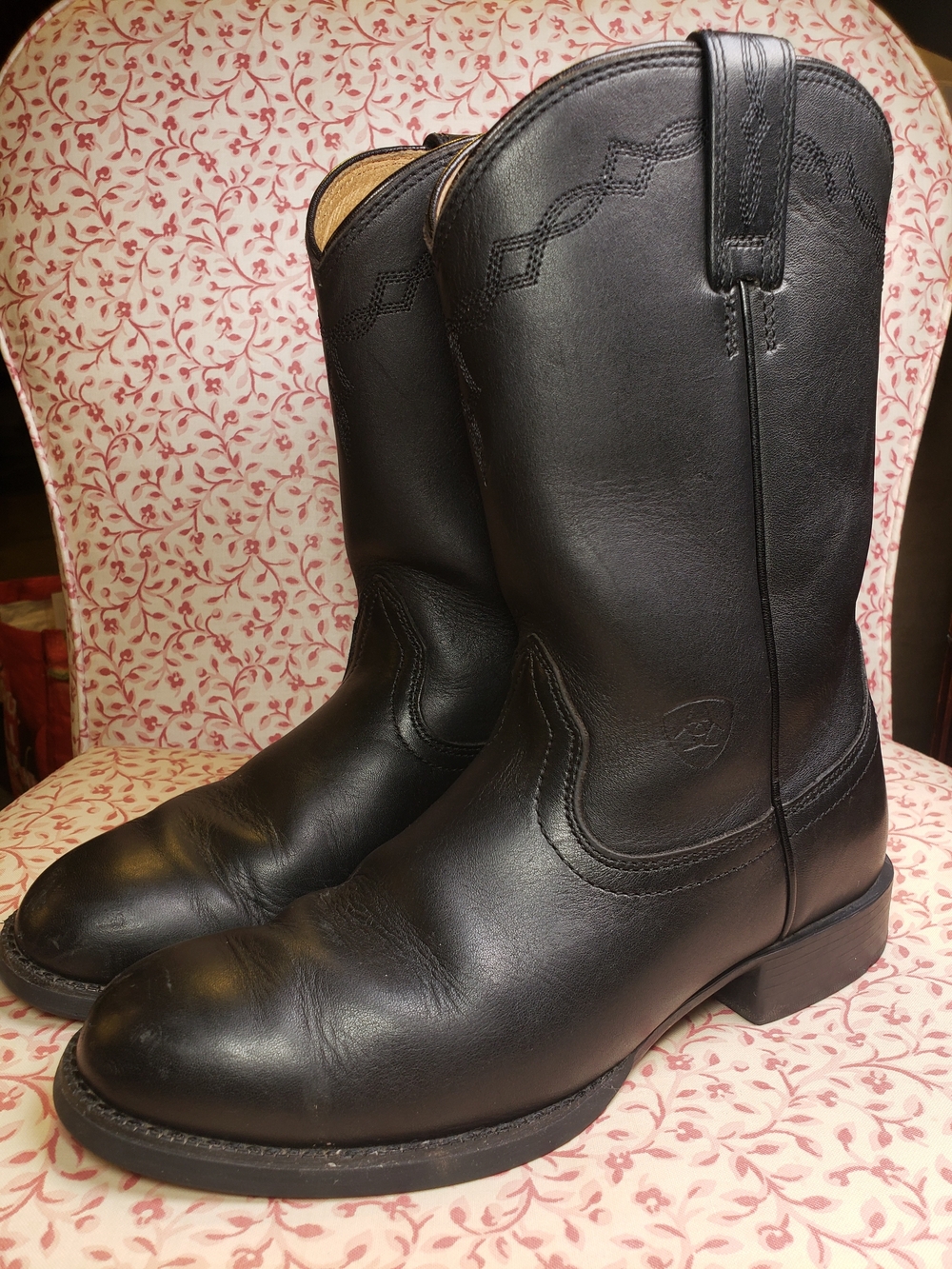 Ariat Black Heritage Roper Leather Western Cowboy Boots - Picture 2 of 10